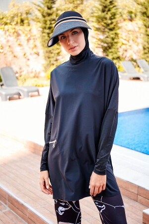 Parachute 3-teiliger schwarzer Hijab-Badeanzug mit Tasche und Reißverschluss, vollständig bedeckt, M2274 2623 - 1