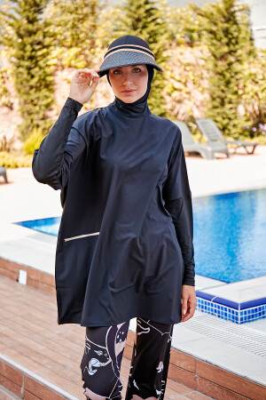 Parachute 3-teiliger schwarzer Hijab-Badeanzug mit Tasche und Reißverschluss, vollständig bedeckt, M2274 2623 - 4
