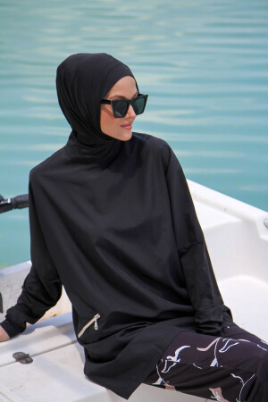Parachute 3-teiliger schwarzer Hijab-Badeanzug mit Tasche und Reißverschluss, vollständig bedeckt, M2274 2623 - 7