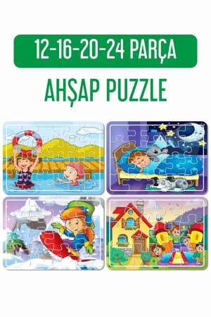 Parkta Oyun, Kışın Kar, Uyku Vakti, Denizde Oyun 4'lü Ahşap Puzzle Set Puz1711 - 3