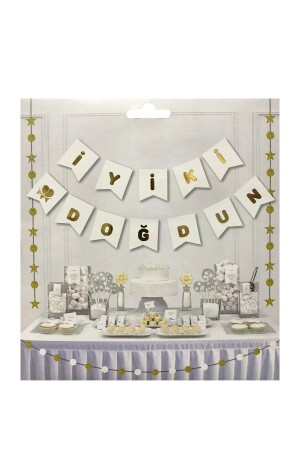 منز-شيني الذهبية الحروف عيد ميلاد سعيد رائدة البنر على خلفية بيضاء - Parti Dolabı