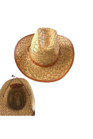 Partidolu Bağcıklı Yetişkin Hasır Kovboy Şapkası Natürel Renk - Pandoli