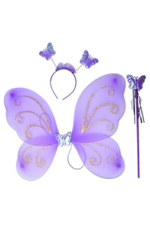 Partidolu Mor Renk Kelebek Kanat Set 50 Cm Kanat Asa Taç 3 Lü Set - Pandoli