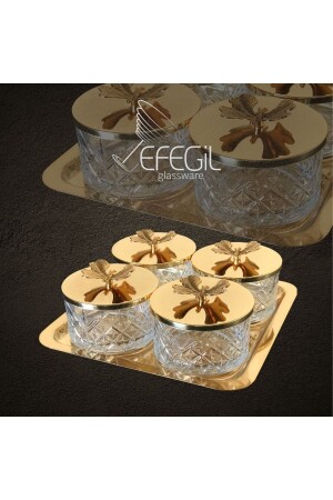 Paşabahçe Timeless 4’lü Çerezlik-çok Amaçlı Ikramlık Altın Tepsili Kapaklı Kelebek Figürlü KG0017 - Efegil