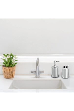 Paslanmaz Banyo Lavabo Tezgah Üstü 250 Cc Sıvı Sabunluk - Diş Fırçalık Seti Ikili Banyo Seti Çeyiz banyoset3lt - 3