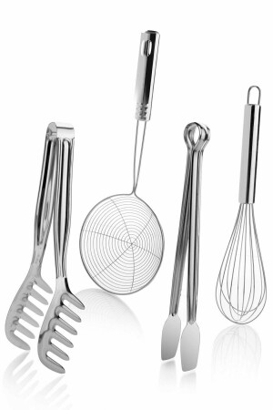 Paslanmaz Çelik 4'lü Mutfak Seti - 4'lü Maşa Çırpıcı Kevgir Seti T09048653 - Mirilliahome