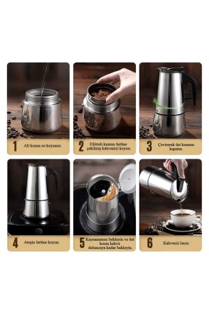 Paslanmaz Çelik Ocak Üstü 6 Cup Fincan Moka Pot Espresso Cin285-6 - 5