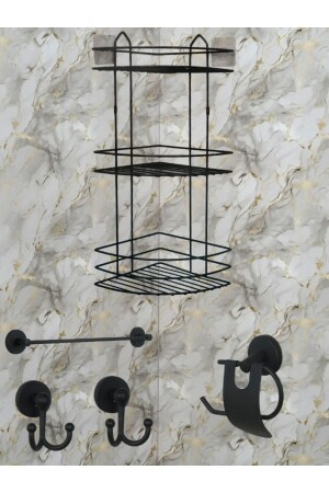 Paslanmaz Siyah Banyo Köşe Duş Rafı- Uzun Havluluk- Dar Kapaklı- Çatal Bornoz Banyo Aksesuar Seti 84939222 - UG Home