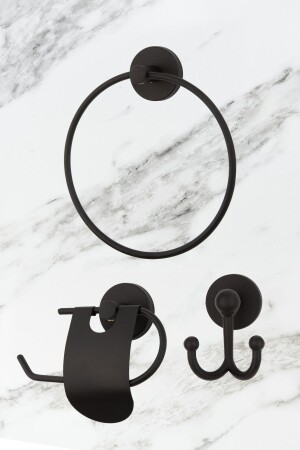 Paslanmaz Siyah Halka Havluluk - Dar Kapaklı Peçetelik - Çatal Bornoz Askısı Banyo Seti 6743 - UG Home