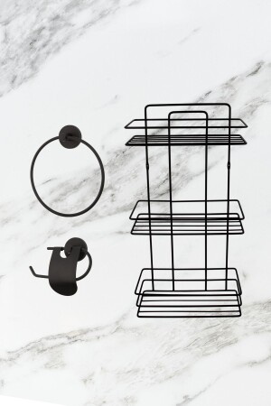 Edelstahl-schwarzer dreifacher Shampoo-Spender / Toilettenserviettenhalter mit schmaler Abdeckung / Ringhandtuchhalter / Duschablage Badezimmer-Set 43987 - UG Home