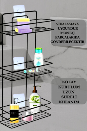 Paslanmaz Yapışkanlı Siyah 3 Katlı Düz Banyo Köşeliği Şampuanlık Köşelik Banyo Rafı 74629212 - 7