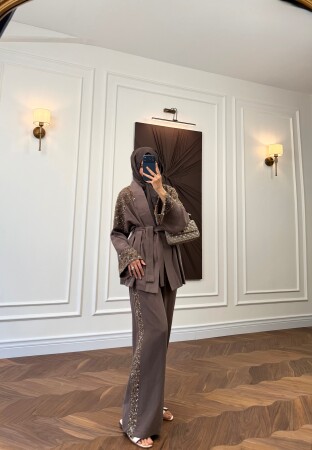 Payetli Kimono Takım - Vizon - Nuuwears