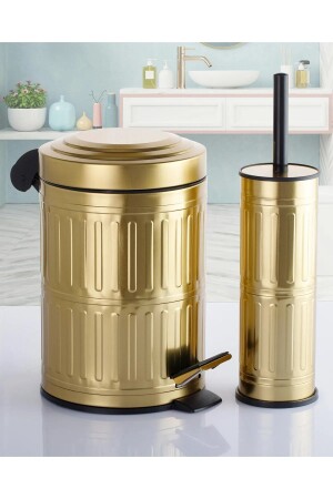 Pedallı Çöp Kovası Tuvalet Wc Fırçası Banyo Çöp Kovası 2li Banyo Seti 5 Litre Gold Vintage - 1