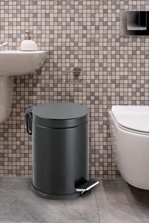 Pedallı Çöp Kovası Tuvalet Wc Fırçası Banyo Çöp Kovası 2'li Banyo Seti Siyah 5 Litre PRA-1704051-0997 - 4
