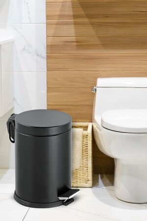 Pedallı Çöp Kovası Tuvalet Wc Fırçası Banyo Çöp Kovası 2'li Banyo Seti Siyah 5 Litre PRA-1704051-0997 - 5