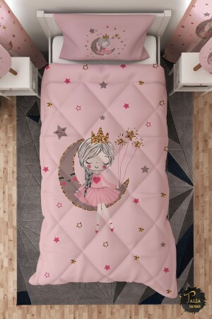 Pembe Ay'da Oturan Kız Tek Kişilik Çocuk Yorganı Uyku Seti - Talia Home