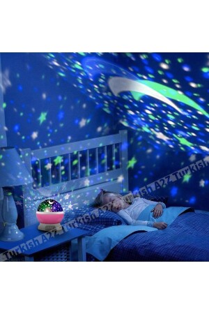 Pembe Dönen Renkli Ay Yıldızlı Gökyüzü Yansıtmalı Projeksiyon Gece Lambası Çocuk Bebek Parti Odası - 5