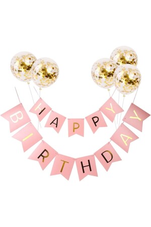 Pembe Gold Yaldızlı Happy Birthday Banner Doğum Günü Yazısı Ve 5 Adet Gold Konfetili Şeffaf Balon - 1