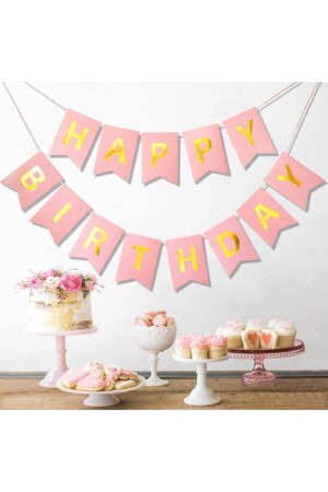 Pembe Gold Yaldızlı Happy Birthday Banner Doğum Günü Yazısı Ve 5 Adet Gold Konfetili Şeffaf Balon - 3