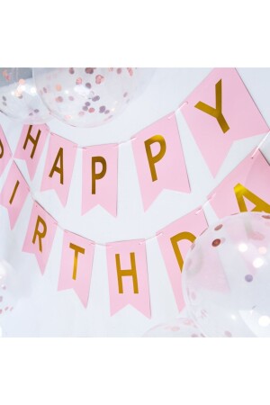 Pembe Gold Yaldızlı Happy Birthday Banner Doğum Günü Yazısı Ve 5 Adet Gold Konfetili Şeffaf Balon - 4