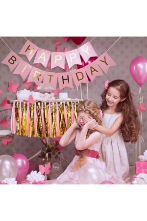 Pembe Gold Yaldızlı Happy Birthday Banner Doğum Günü Yazısı Ve 5 Adet Gold Konfetili Şeffaf Balon - 7