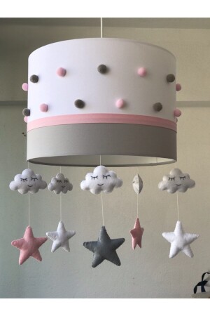 Rosa-grauer Pom-Pom Smiling Cloudy Baby-/Kinderzimmer-Kronleuchter POMPOMLUCHAINDRIZE12 - atölye ay ışığı