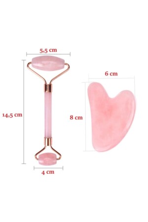 Pembe Kuvars Gua Sha Taşı Masaj Aleti Ve Face Roller 2'li Seti Doğal Taş 3DPS0014FDTKT - 2