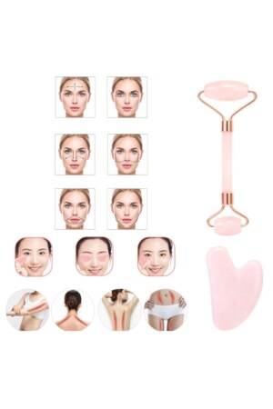 Pembe Kuvars Gua Sha Taşı Masaj Aleti Ve Face Roller 2'li Seti Doğal Taş 3DPS0014FDTKT - 5