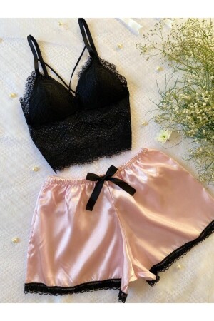 Pembe Saten Şortlu Bralet Takım - 1