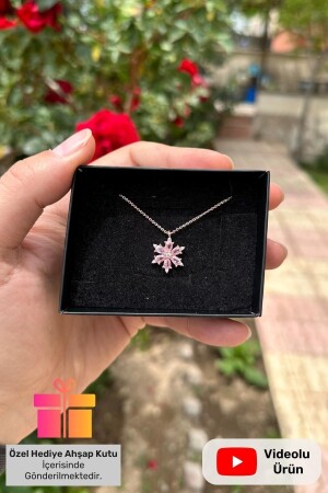 Pembe Taşlı Lotus Çiçeği Gümüş Kolye Rose Kaplama 925 Ayar Zincirli Kamelya Çiçekli Kolyesi Çiçekli LCN-101-101 - 1