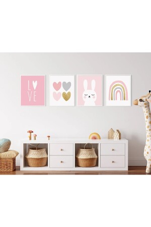Pembe Tavşan Kalp Gökkuşağı Bebek & Çocuk Odası Mdf Duvar Tablo Seti 4 Parça OMTC50 - Olamia