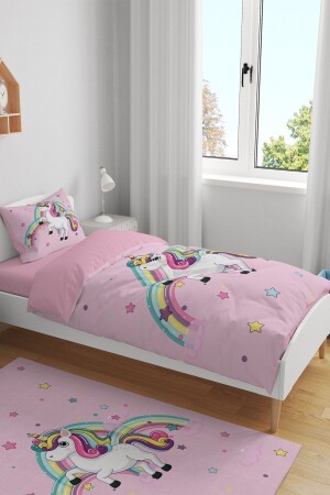 Pembe Unicorn Desenli Tek Kişilik Bebek Çocuk Nevresim Takımı - 4