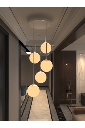 Pendelleuchte, Kugel-Kronleuchter, weißes 5-teiliges Glas, weißes, robustes Gehäuse, moderne, stilvolle Design-Lampe mit 5 Ablagen - 1