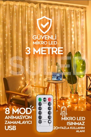 Perde Led 3x3 Metre Kumandalı 8 Mod Ambiyans Ayarlabilir Boy Dekor Mikro Led Işık Perde - 2