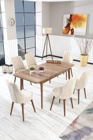 Perla Gestreifter Walnuss-Esstisch, Küchentisch, ausziehbares Tischset mit 6 Stühlen, Creme gestreift-1 - 1