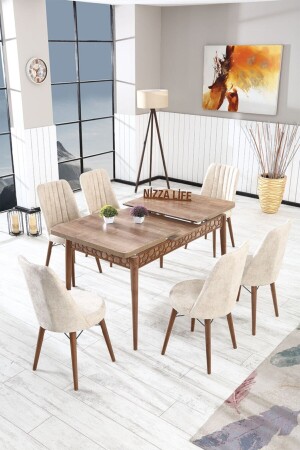Perla Gestreifter Walnuss-Esstisch, Küchentisch, ausziehbares Tischset mit 6 Stühlen, Creme gestreift-1 - 2
