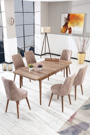 Perla Gestreifter Walnuss-Esstisch, Küchentisch, ausziehbares Tischset mit 6 Stühlen, offen, Cappucino gestreift-1 - 1