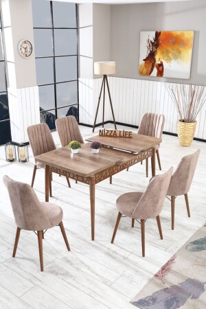 Perla Gestreifter Walnuss-Esstisch, Küchentisch, ausziehbares Tischset mit 6 Stühlen, offen, Cappucino gestreift-1 - 2