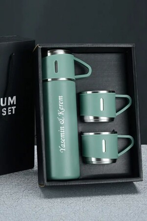 Personalisierte Edelstahl-Thermoskanne mit Namen, 3 Gläser, grüne Farbe, mit Geschenktüte LA PLUME 574401 - 2