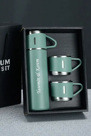 Personalisierte Edelstahl-Thermoskanne mit Namen, 3 Gläser, grüne Farbe, mit Geschenktüte LA PLUME 574401 - 1