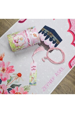 Personalisierte rosafarbene Geschenk-Zylinderbox für Kinder mit Gebetsmatte und Rosenkranz als Geschenk 40 x 90 - 1