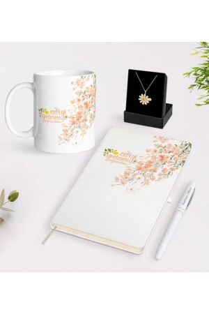 Personalisierte weiße Tasse mit Gänseblümchen-Motiv für die beste Lehrerin, Notizbuch, Stift und Gänseblümchen-Halskette mit Namen, Geschenk Se Bitmeden55165 - 2