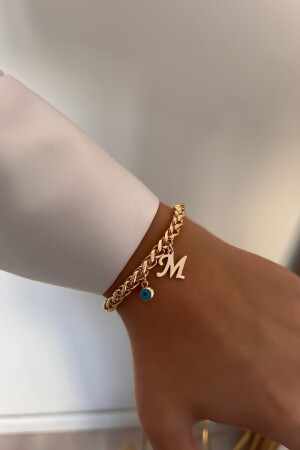 Personalisiertes dickes Kettenarmband mit M-Buchstaben und bösem Blick - Trendy Butik