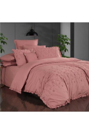 Pest Cotton Satin Hole Work Double Duvet Cover Set Pink V4 Sarev - 1