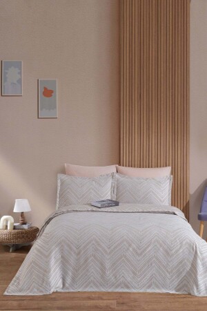 Petra Keten Görünümlü Yatak Örtüsü Seti 3 Parça Çift Kişilik Ekru - Elart