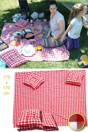 Picknick-Set, rotes Picknicktuch, große Tischdecke, 170 x 170 cm, 2 Kissen, Geschenk (40 x 40 cm) - 1