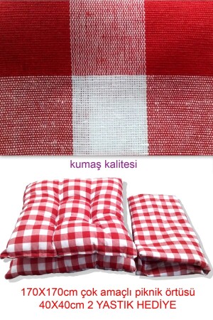 Picknick-Set, rotes Picknicktuch, große Tischdecke, 170 x 170 cm, 2 Kissen, Geschenk (40 x 40 cm) - 4