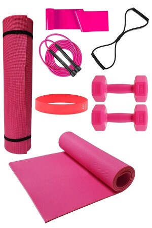 Pilates-Matte aus Gummi, 2 x 1 kg, Hantel-Springseil, achteckiger Reifen und Aerobic-Band-Set - 1