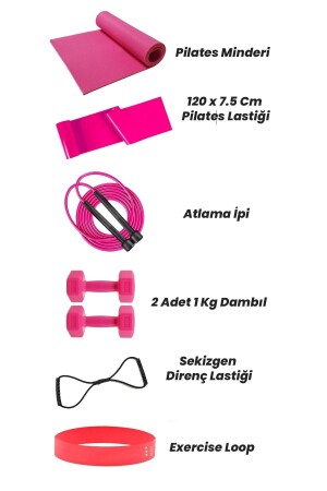 Pilates-Matte aus Gummi, 2 x 1 kg, Hantel-Springseil, achteckiger Reifen und Aerobic-Band-Set - 3