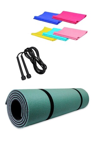 Pilates Minderi Haki 8mm + Sporcu Atlama Ipi + Plates Egzersiz Direnç Lastiği TAYZONHAKİSET01 - 1